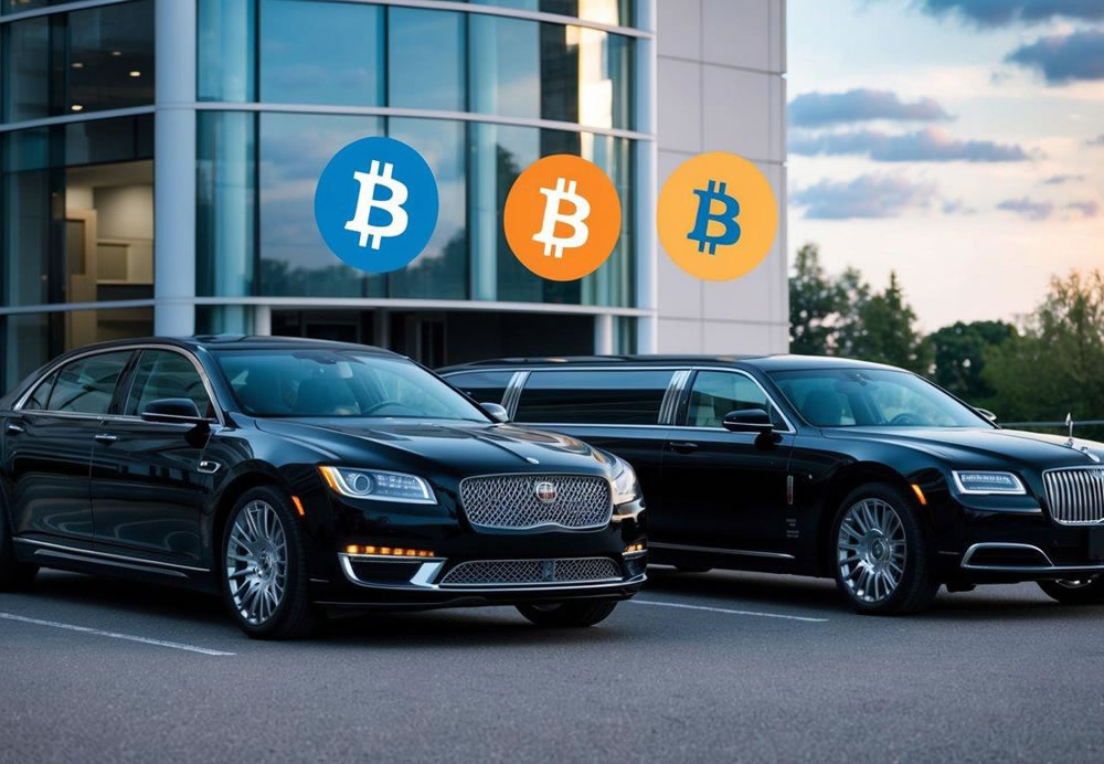 A sleek sedan and luxurious limousine parked in front of a modern office building, with a Bitcoin logo prominently displayed on the payment terminal
