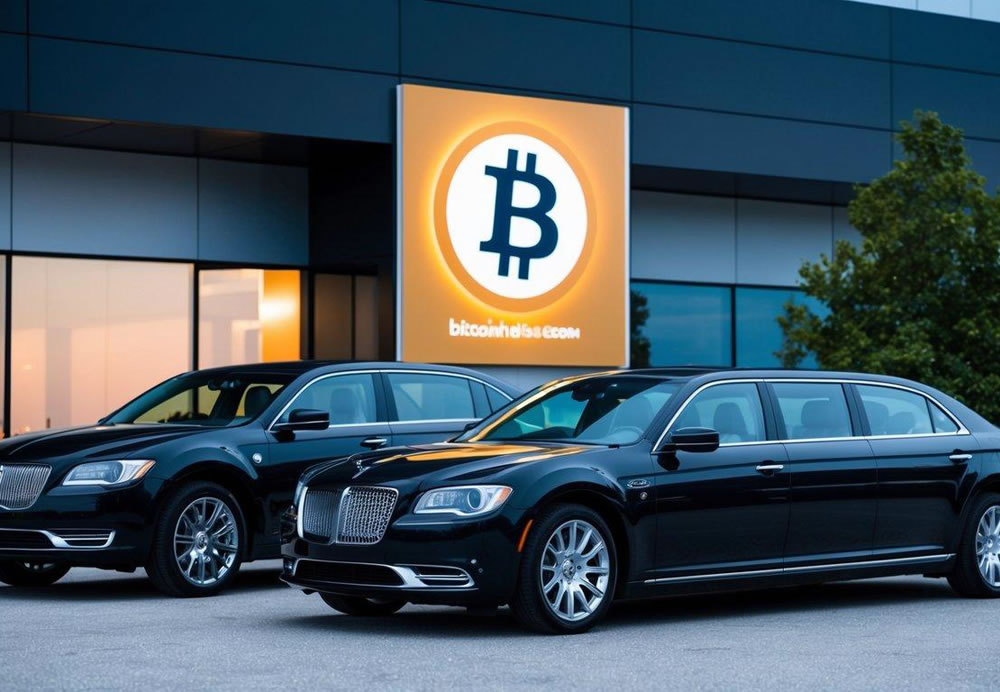 A sleek sedan and limousine parked in front of a modern building, with a Bitcoin logo prominently displayed on a sign