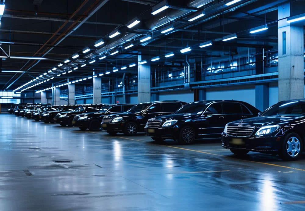 A row of cars in a parking lot