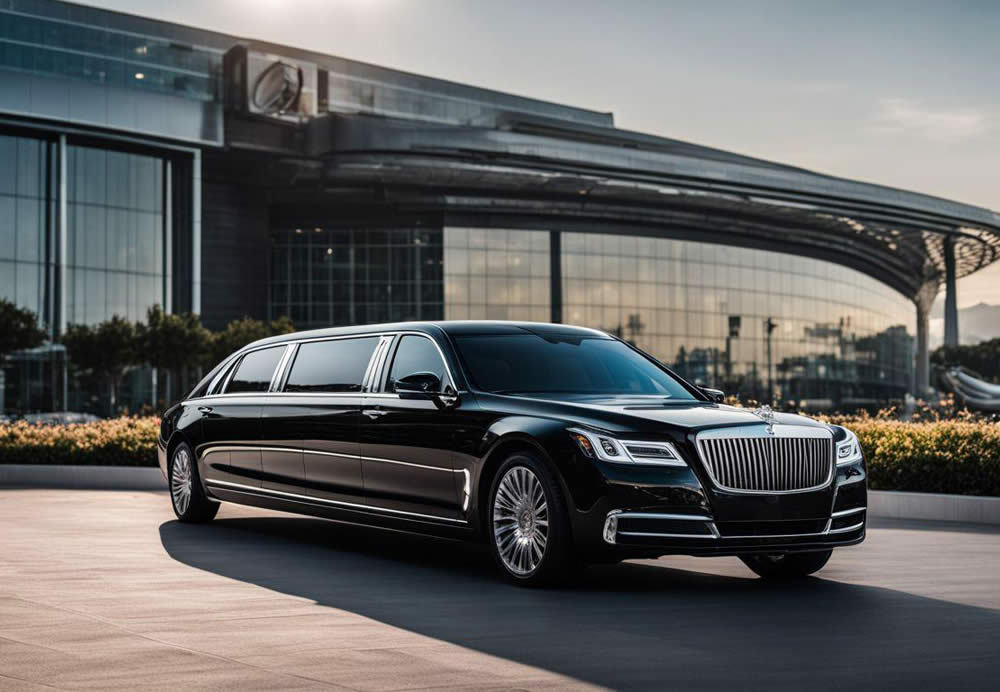 A black limousine parked in front of a building