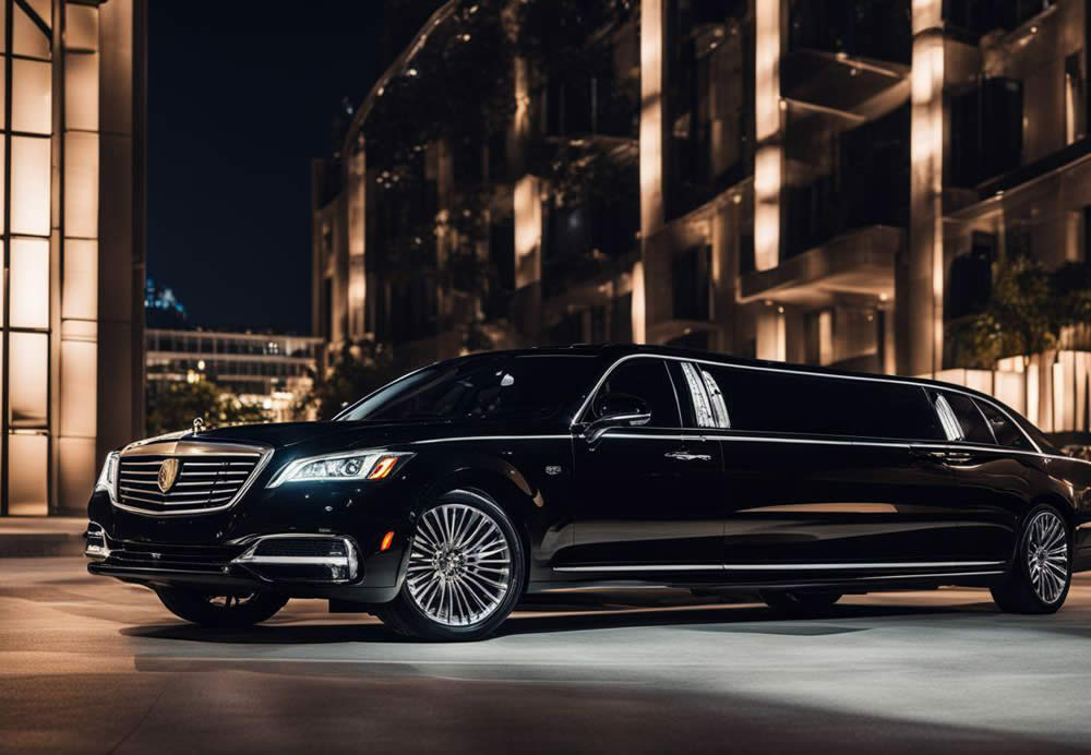 A black limo parked in front of a building